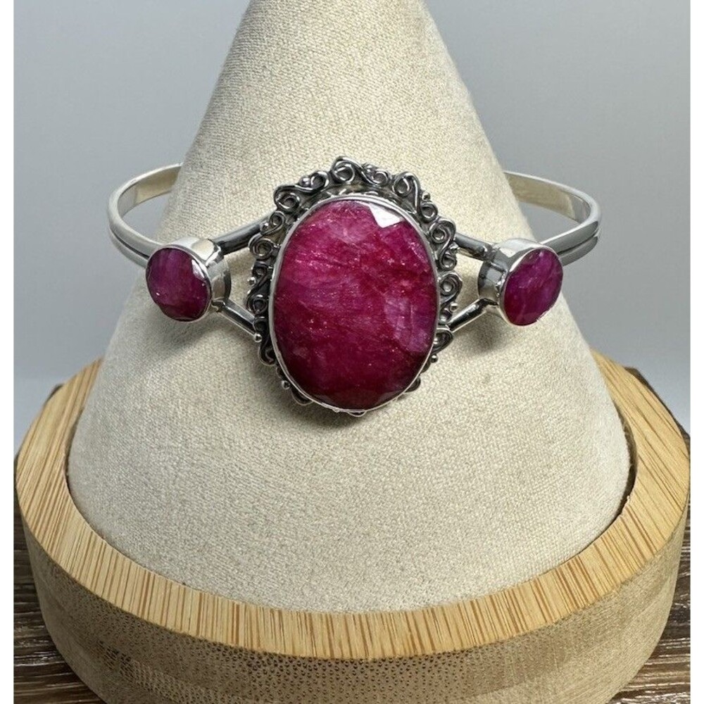 Handmade Sterling Silver Faceted Ruby Multi  Gemstone Bangle Cuff  7”